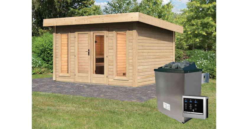 Karibu Sauna Nordin naturbelassen + 9 kW Saunaofen mit ext. Steuerung Easy