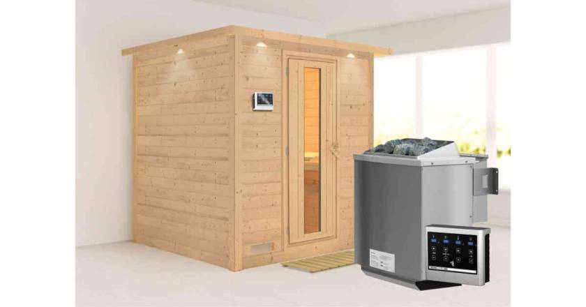 Karibu Sauna Mojave mit Dachkranz + 9kW BIO-Kombiofen mit ext. Steuerung Easy