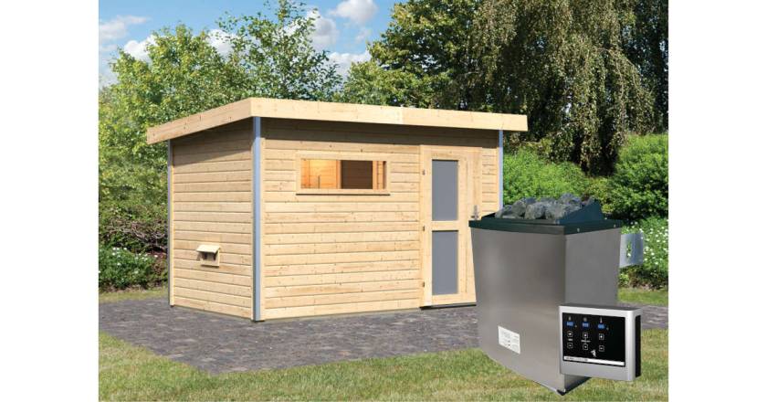 Karibu Sauna Skrollan 1 naturbelassen + 9 kW Saunaofen mit ext. Steuerung Easy