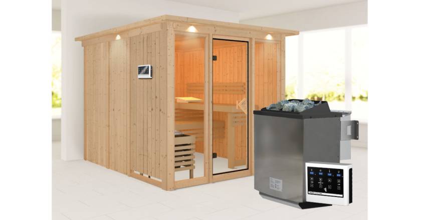 Karibu Sauna Askja mit Dachkranz + 9kW BIO-Kombiofen mit ext. Steuerung Easy