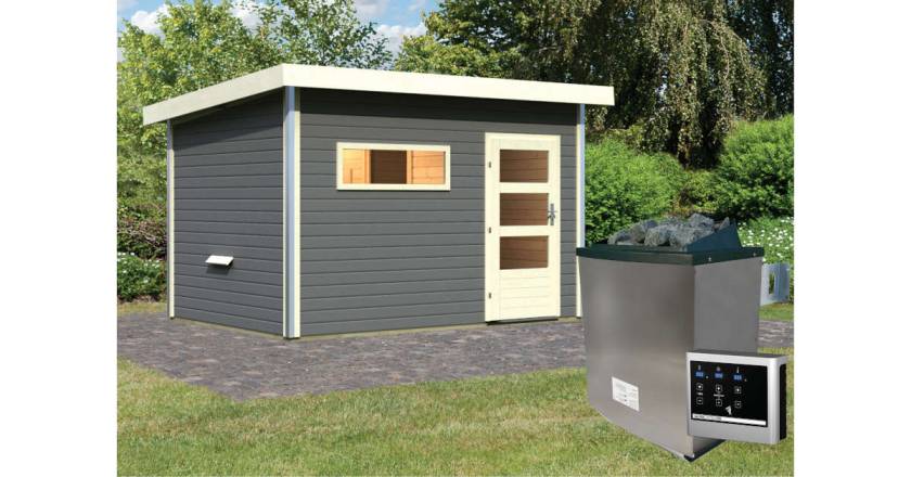 Karibu Sauna Skrollan 2 Terragrau +9 kW Saunaofen mit ext. Steuerung Easy