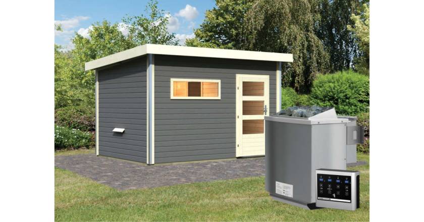 Karibu Sauna Skrollan 3 Terragrau + 9 kW BIO-Kombiofen mit ext. Steuerung Easy