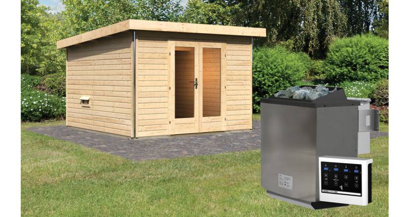 Karibu Sauna Mainburg 1 naturbelassen mit Vorraum + 9 kW BIO-Kombiofen mit ext. Steuerung Easy