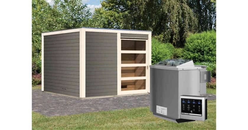 Karibu Sauna Cuben Terragrau + 9 kW BIO-Kombiofen mit ext. Steuerung Easy