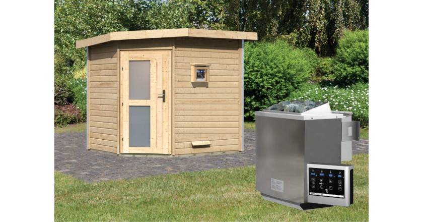 Karibu Sauna Mikka naturbelassen + 9 kW BIO-Kombiofen mit ext. Steuerung Easy