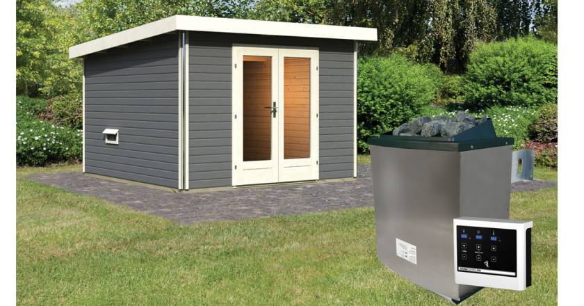 Karibu Sauna Mainburg 1 terragrau mit Vorraum + 9 kW Saunaofen mit ext. Steuerung Easy