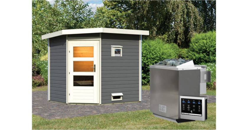 Karibu Sauna Mikka Terragrau + 9 kW BIO-Kombiofen mit ext. Steuerung Easy