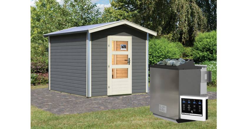 Karibu Sauna Bosse 1 terragrau + 9 kW BIO-Kombiofen mit ext. Steuerung Easy