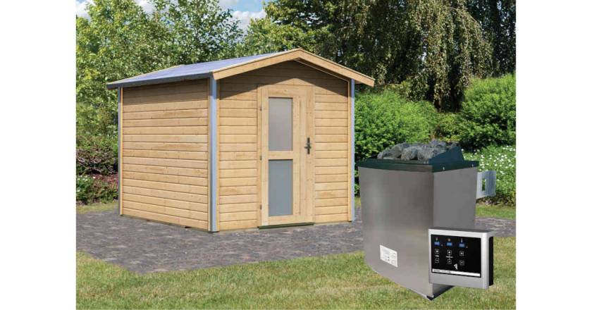 Karibu Sauna Bosse 1 naturbelassen + 9 kW Saunaofen mit ext. Steuerung Easy