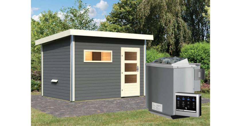 Karibu Sauna Skrollan 2 Terragrau + 9 kW BIO-Kombiofen mit ext. Steuerung Easy