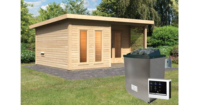 Karibu Sauna Mainburg 5 naturbelassen mit Vorraum + 9 kW Saunaofen mit ext. Steuerung Easy