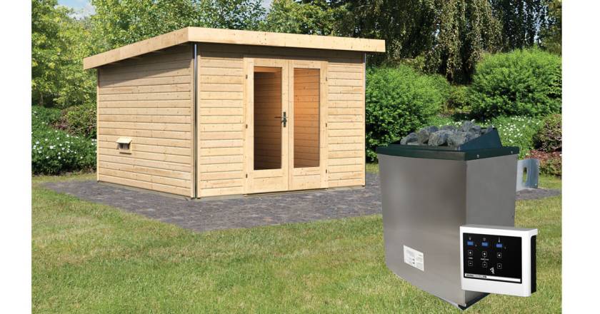 Karibu Sauna Mainburg 1 naturbelassen mit Vorraum + 9 kW Saunaofen mit ext. Steuerung Easy