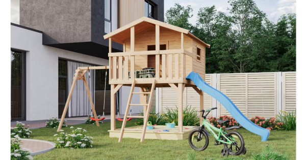 Karibu Stelzenhaus Benjamin naturbelassen mit Doppelschaukel