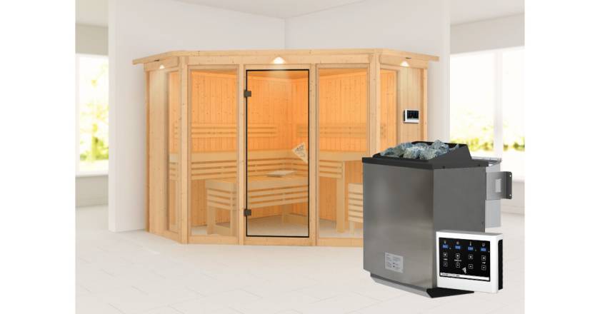 Karibu Sauna Alcinda mit Dachkranz + 9kW BIO-Kombiofen mit ext. Steuerung Easy