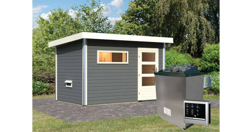 Karibu Sauna Skrollan 1 Terragrau +9 kW Saunaofen mit ext. Steuerung Easy