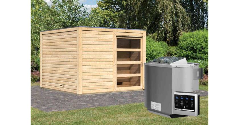 Karibu Sauna Cuben naturbelassen + 9 kW BIO-Kombiofen mit ext. Steuerung Easy