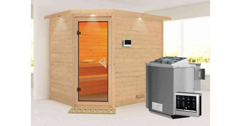 Karibu Sauna Tanami mit Dachkranz + 9kW BIO-Kombiofen mit ext. Steuerung Easy