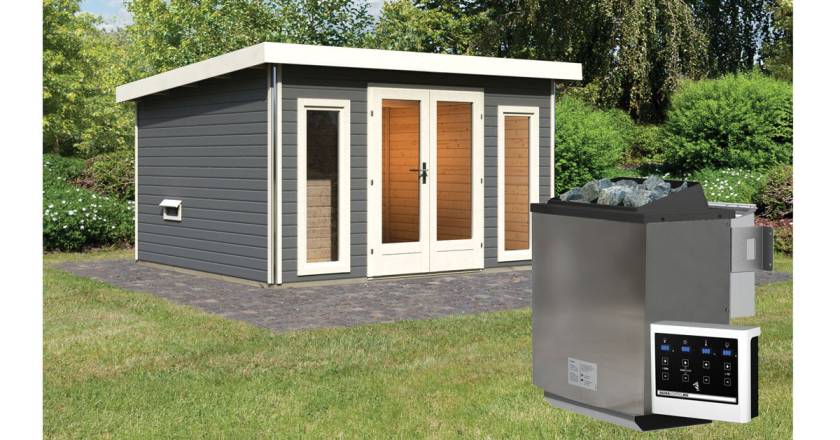 Karibu Sauna Mainburg 2 terragrau mit Vorraum + 9 kW BIO-Kombiofen mit ext. Steuerung Easy