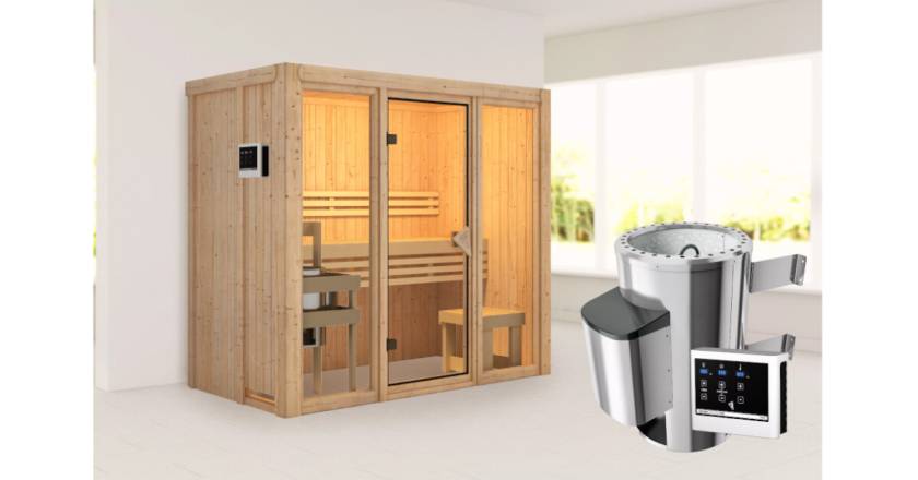 Karibu Sauna Avari 2 mit 3,6kW Plug&Play Ofen externe Steuerung