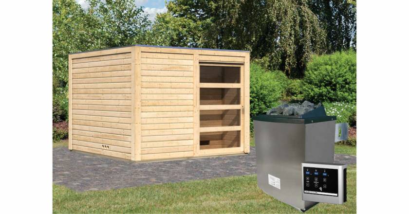 Karibu Sauna Cuben naturbelassen + 9 kW Saunaofen mit ext. Steuerung Easy