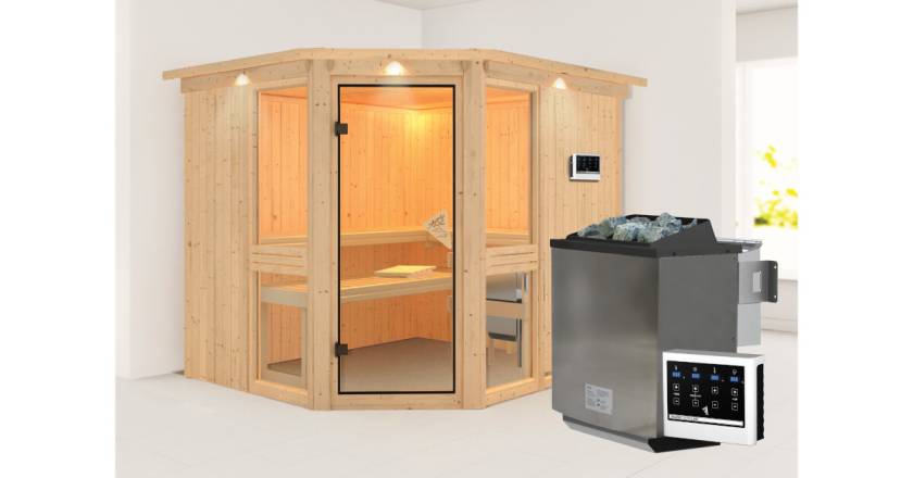 Karibu Sauna Amelia 3 mit Dachkranz + 9kW BIO-Kombiofen mit ext. Steuerung Easy