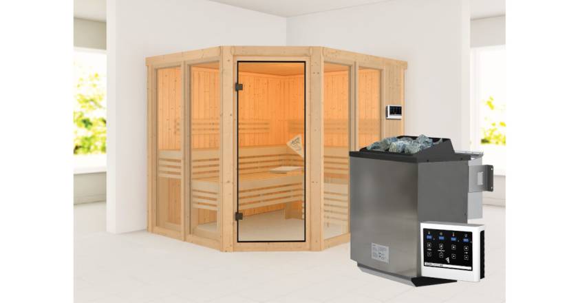 Karibu Sauna Ainur + 9kW BIO-Kombiofen mit ext. Steuerung Easy