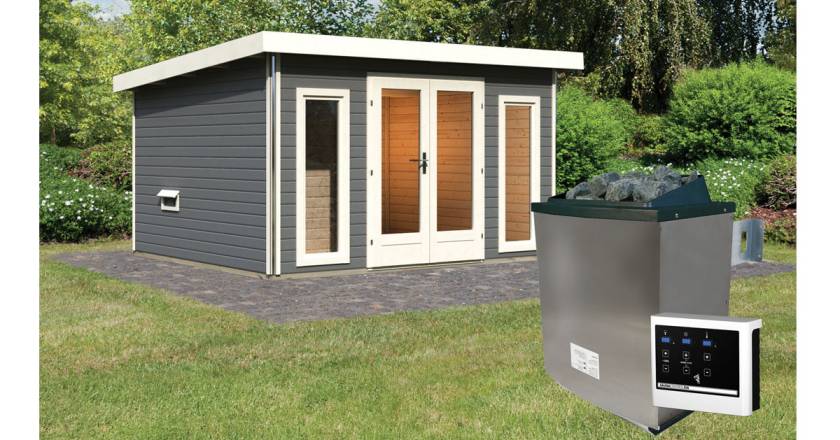 Karibu Sauna Mainburg 2 terragrau mit Vorraum + 9 kW Saunaofen mit ext. Steuerung Easy