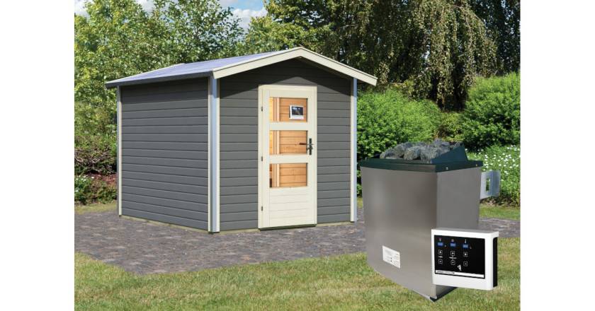 Karibu Sauna Bosse 1 terragrau + 9 kW Saunaofen mit ext. Steuerung Easy