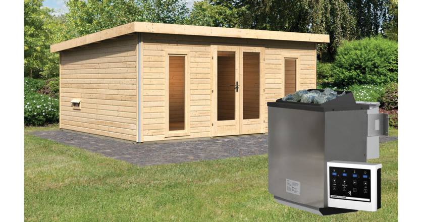 Karibu Sauna Mainburg 4 naturbelassen mit Vorraum + 9 kW BIO-Kombiofen mit ext. Steuerung Easy