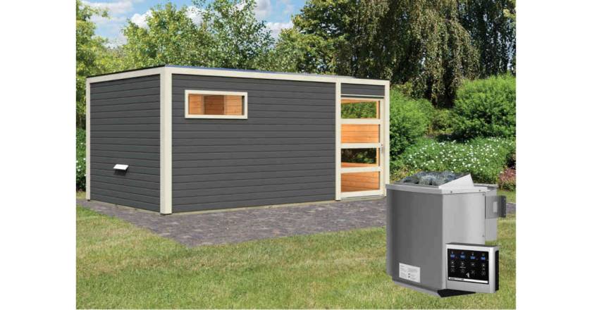 Karibu Sauna Hygge Terragrau + 9 kW BIO-Kombiofen mit ext. Steuerung Easy