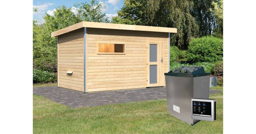 Karibu Sauna Skrollan 3 naturbelassen + 9 kW Saunaofen mit ext. Steuerung Easy