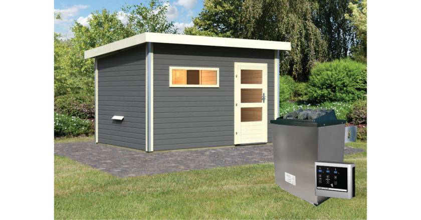 Karibu Sauna Skrollan 3 Terragrau +9 kW Saunaofen mit ext. Steuerung Easy