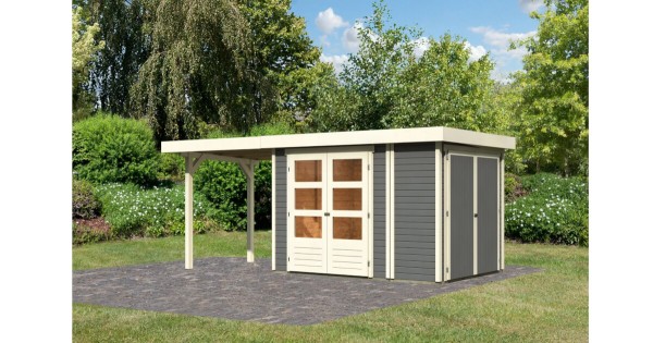 Karibu Gartenhaus Retola 2 terragrau 19mm mit Anbauschrank + 2,40m Anbau