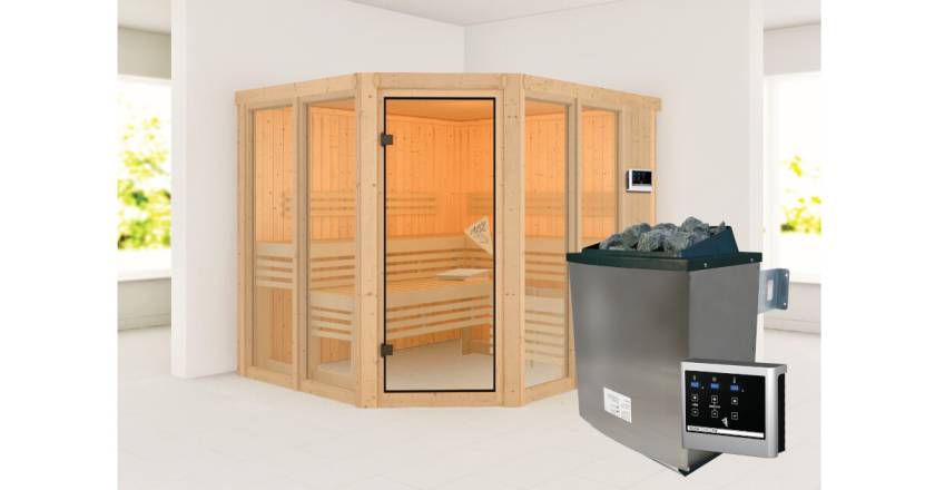 Karibu Sauna Ainur + 9kW Saunaofen mit ext. Steuerung