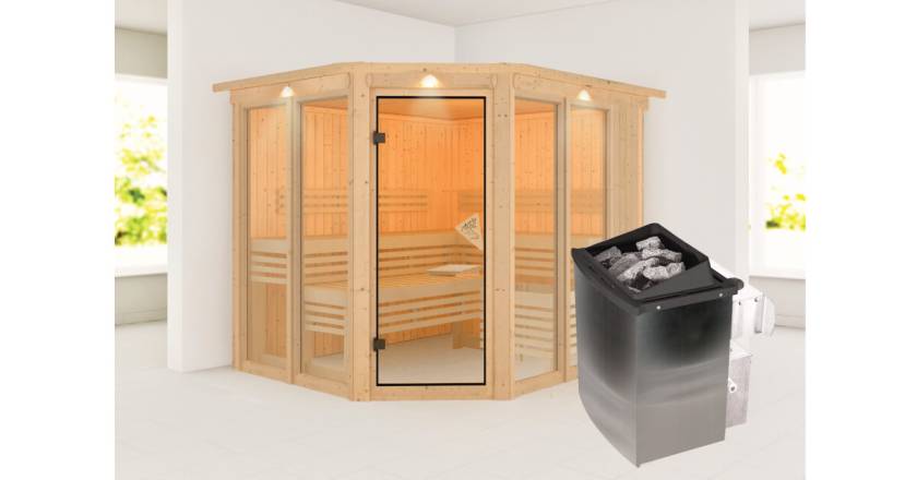 Karibu Sauna Ainur mit Dachkranz + 9kW Saunaofen mit integrierter Steuerung